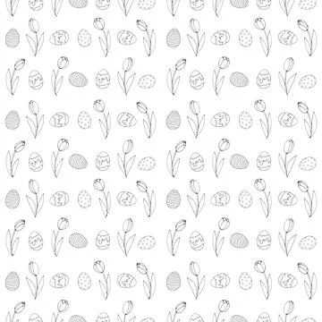 Seamless Pattern with growing contour flowers tulips, eggs. Easter spring bac イラスト素材