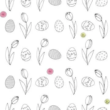 Seamless Pattern with growing contour flowers tulips, eggs, buttons. Easter s Stock Illustration
