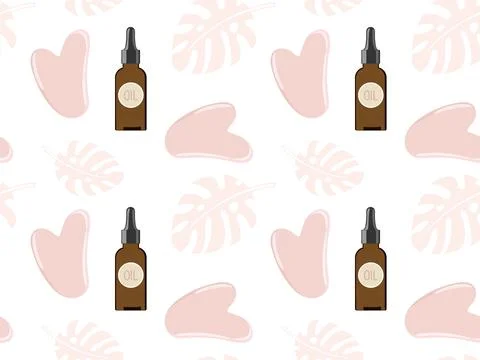 Seamless pattern with Gua sha stone, massage oil, tropical leaves. Natural rose Stock Illustration