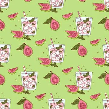 Seamless Pattern Guava Drink Cocktail with tropical Pink slices, ice cubes .. Illustrazione stock