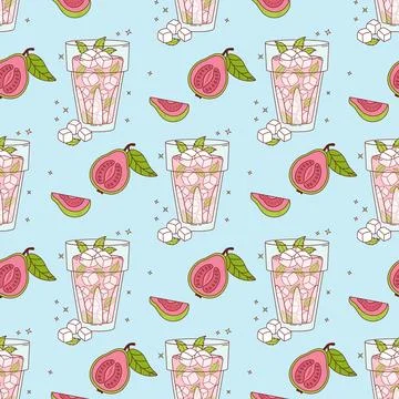 Seamless Pattern Guava Drink with ice cubes and Mint on blue Background wit.. Stock Illustration