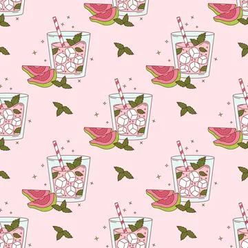 Seamless Pattern with Guava Drink with ice cubes and Mint on Pink Backgroun.. Stock Illustration