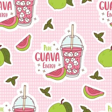 Seamless Pattern. Guava Drink smoothie with lots ice cubes in clear cup on .. Illustrazione stock