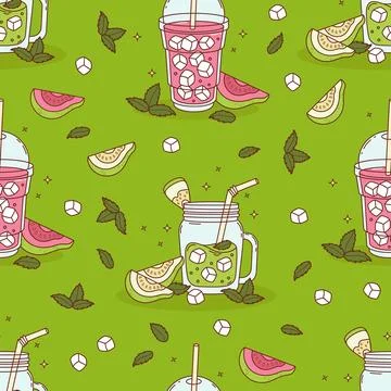 Seamless Pattern with Guava Drink smoothie on Green Background with tropica.. Illustrazione stock