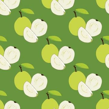 Seamless pattern of guava fruit on green background. Stock Illustration