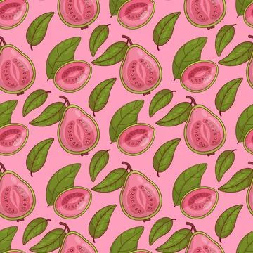 Seamless Pattern Guava Fruit on Pink Background with leaves. Vector illustr.. イラスト素材