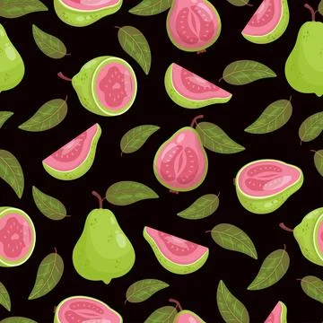 Seamless Pattern Guava Fruit Tree on Black Background with leaves. Vector i.. Illustrazione stock