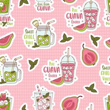 Seamless Pattern. Guava Green and Pink Drink smoothie with ice cubes on che.. Stock Illustration