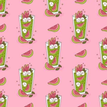 Seamless Pattern Guava Green Drink with tropical Fruit slices, ice cubes an.. Illustrazione stock