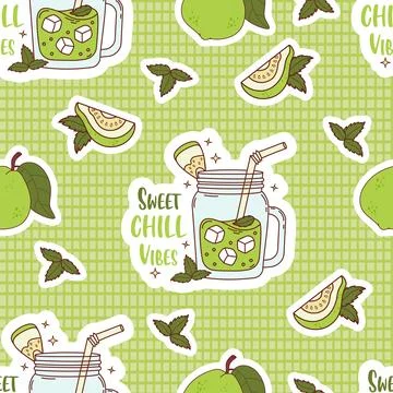 Seamless Pattern. Guava Green Drink smoothie in mason jar with ice cubes on.. 스톡 일러스트