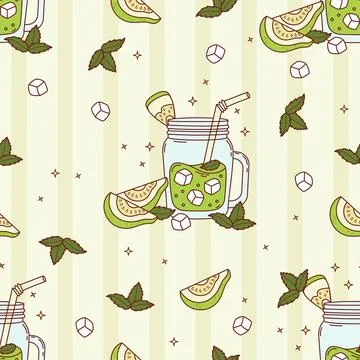 Seamless Pattern with Guava Green Drink smoothie in mason jar with ice cube.. 스톡 일러스트