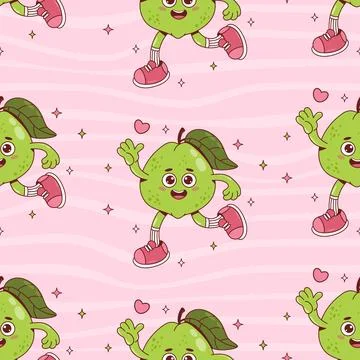 Seamless Pattern Guava Groovy Character on pink Distorted Stripe Background.. Stock Illustration