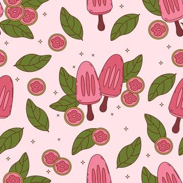 Seamless Pattern. Guava ice cream stick and tropical fruit slices with leav.. Stock Illustration