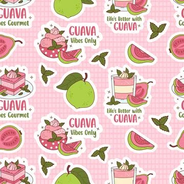 Seamless Pattern. Guava sweet dessert on Pink checkered Background with tro.. Stock Illustration