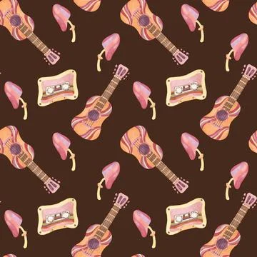 Seamless pattern with guitar, audio tape and mushroom in watercolor. Vintage 스톡 일러스트