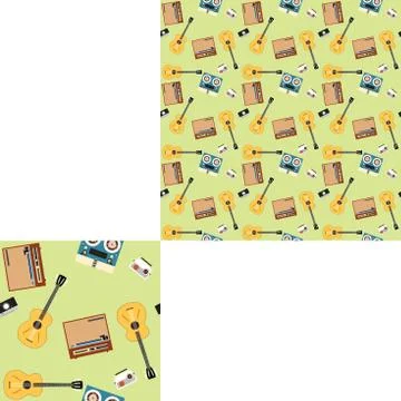Seamless pattern with guitars and players on the light green background wit.. Stock Illustration