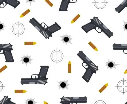 Seamless pattern of gun with bullet and bullet holes on white background - Ve Stock Illustration