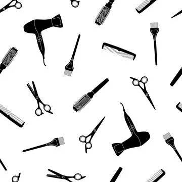 Seamless pattern with hairdressing tools on a white background. Black silhouette Stock Illustration