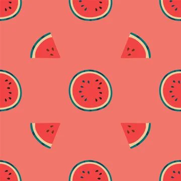Seamless pattern with half and pieces of watermelon on a red background. Fr.. Stock Illustration