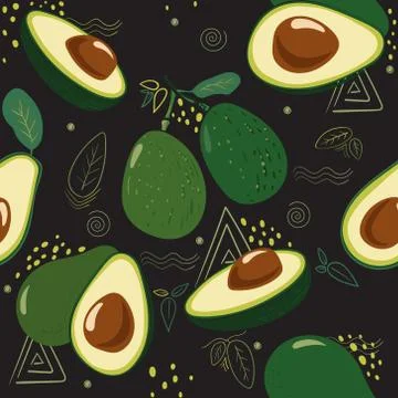 Seamless pattern of half avocado on dark background. Vector print for textile Stock Illustration