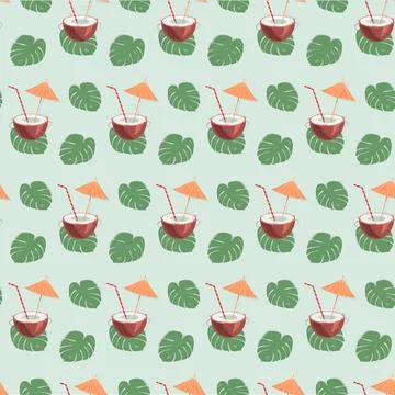Seamless pattern of half coconut and cocktail straw and umbrella inside on Stock Illustration