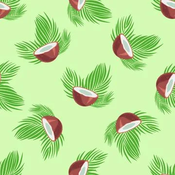 Seamless pattern with half a coconuts and palm leaves. Summer background. T.. Stock Illustration