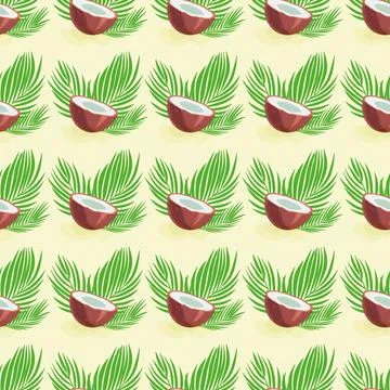 Seamless pattern with half a coconuts and palm leaves. Summer background. T.. Stock-Illustration
