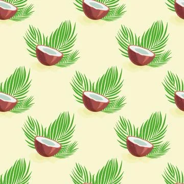 Seamless pattern with half a coconuts and palm leaves. Summer background. T.. Stock Illustration