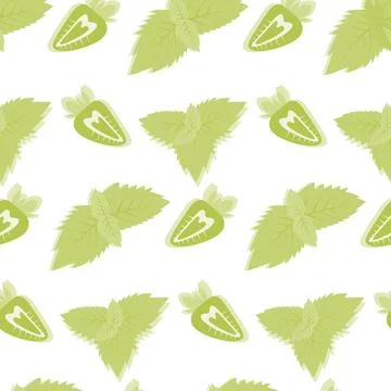Seamless pattern of half a strawberry with mint leaves in trendy monochrome hue Stock Illustration