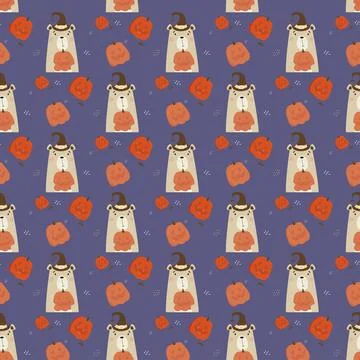 Seamless pattern with Halloween bear. Cute Animal in witch hat with a pumpkin Ja Illustrazione stock