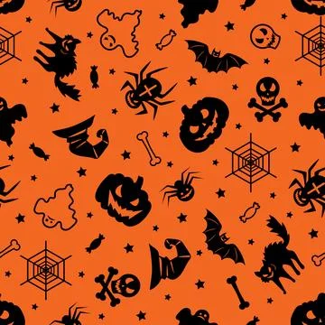 Seamless pattern for halloween. Black silhouettes on an orange background. Ve Stock Illustration