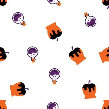 Seamless pattern with Halloween candy apples and magic potion bottles on wh.. Illustrazione stock