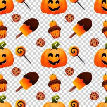 Seamless pattern. Halloween carved pumpkin with candies and lollipops. Stock Illustration