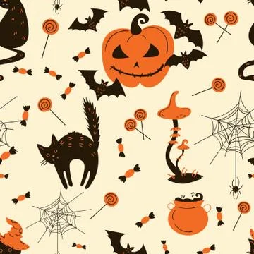 Seamless pattern of Halloween cats and pumpkins Stock Illustration