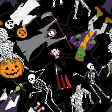 Seamless Pattern with Halloween Characters Costume 스톡 일러스트
