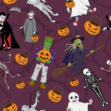 Seamless Pattern with Halloween Characters Costume 스톡 일러스트