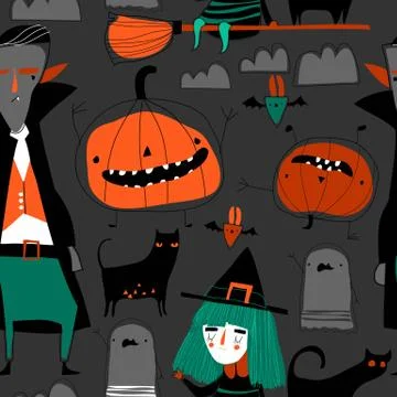 Seamless pattern with Halloween characters on gray background Stock Illustration