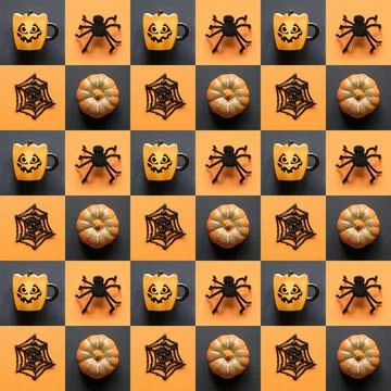 Seamless pattern of Halloween collage with pumpkin, spiders, cup, decorations Stock Photos
