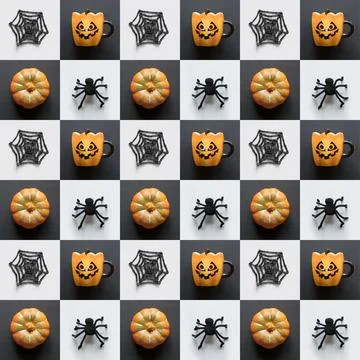 Seamless pattern of Halloween collage with pumpkin, spiders, cup, decorations Stock Photos