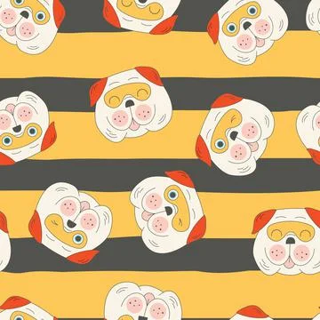 Seamless pattern of Halloween cute cartoon pug flat vector illustration. Stock Illustration
