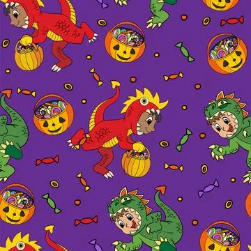 Seamless pattern of Halloween with cute dancing dinosaurs イラスト素材