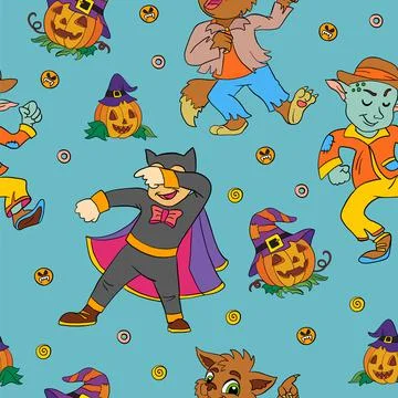 Seamless pattern of Halloween with cute dancing kids monsters Stockillustratie