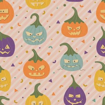 Seamless pattern of Halloween Cute Funny Pumpkins. Carvind harvest vegetables Stock Illustration