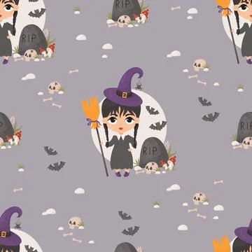 Seamless pattern Halloween. Cute witch gothic girl with braids and broom ne.. Stock Illustration