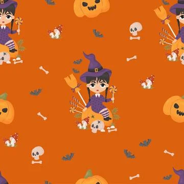 Seamless pattern Halloween. Cute witch girl on pumpkin Jack with candy loll.. 스톡 일러스트