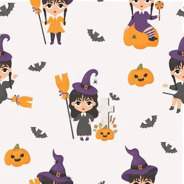 Seamless pattern Halloween. Cute witch girls with braids and broom near gra.. Illustrazione stock