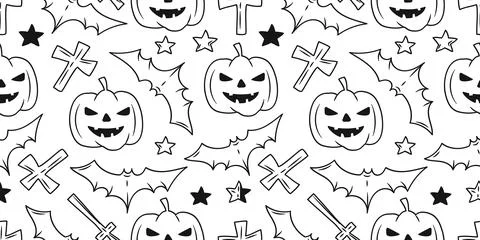 Seamless Pattern Halloween Doodle Line Drawing with Pumpkin ,Bat ,Stars and.. Stock Illustration