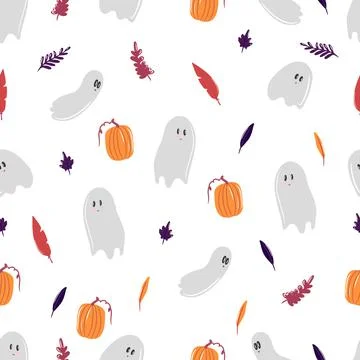 Seamless pattern with Halloween elements, cute ghosts with pumpkins, autumn Illustrazione stock