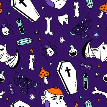 Seamless pattern with Halloween elements Doodle style vector design illustrat 库存插图