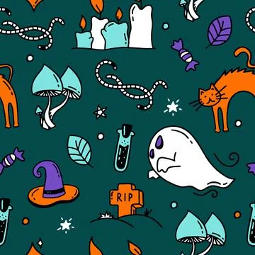 Seamless pattern with Halloween elements Doodle style vector design illustrat Stock Illustration